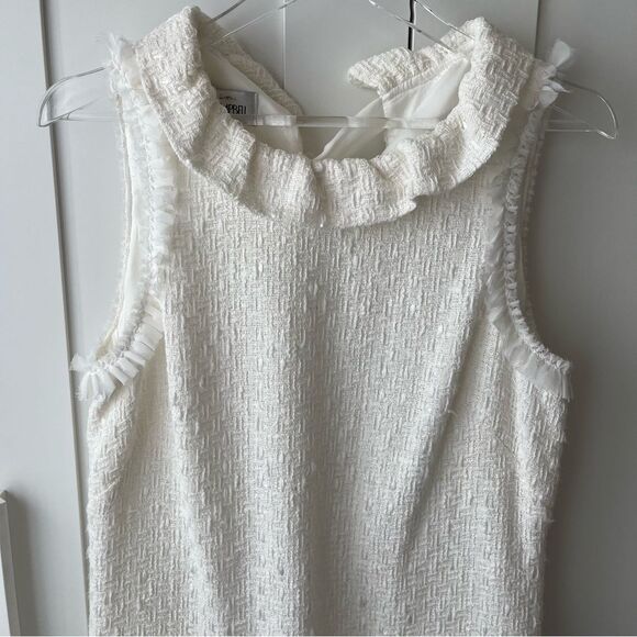 Sara Campbell Ruffle Neck Tweed Sleeveless White Shift Dress With Pockets Sz 12 - Picture 3 of 13